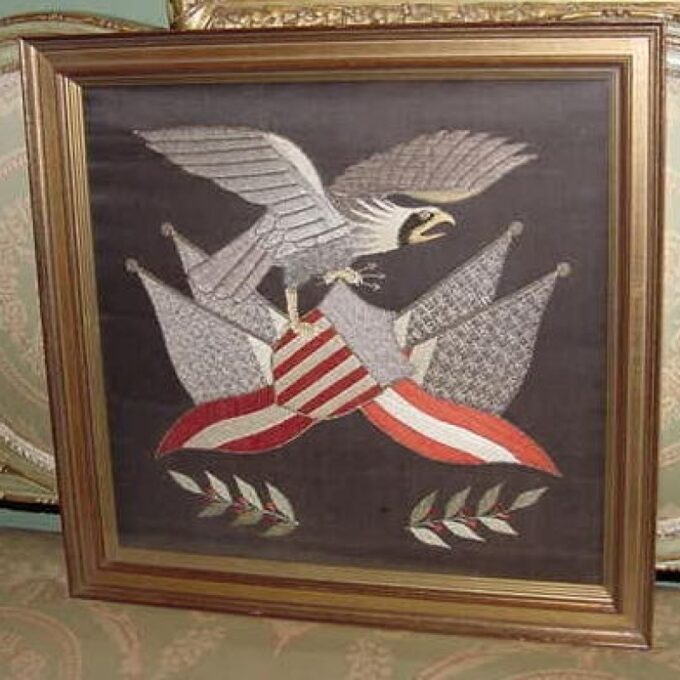Framed Japanese Silk Depicting An Eagle With A Banner