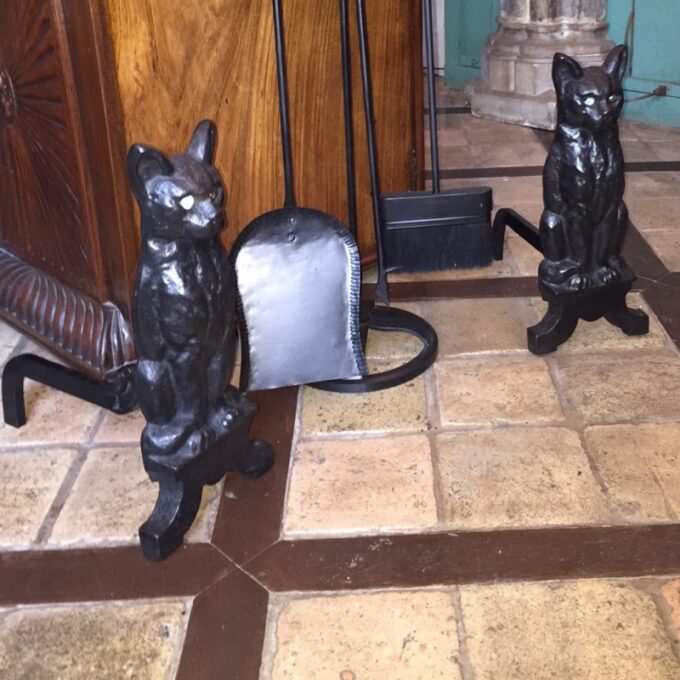 Handmade Cast Iron Fireplace Cat Andirons - Image 2
