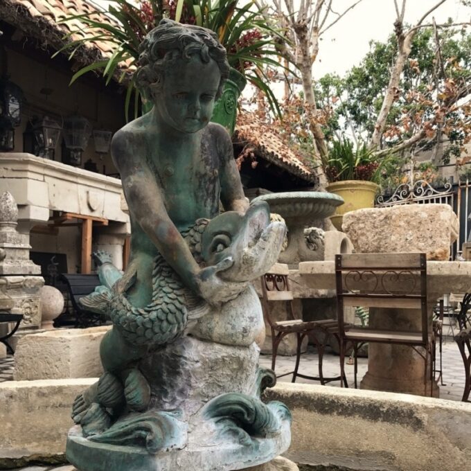 19th Century Bronze Putty Fountain Holding a Fish