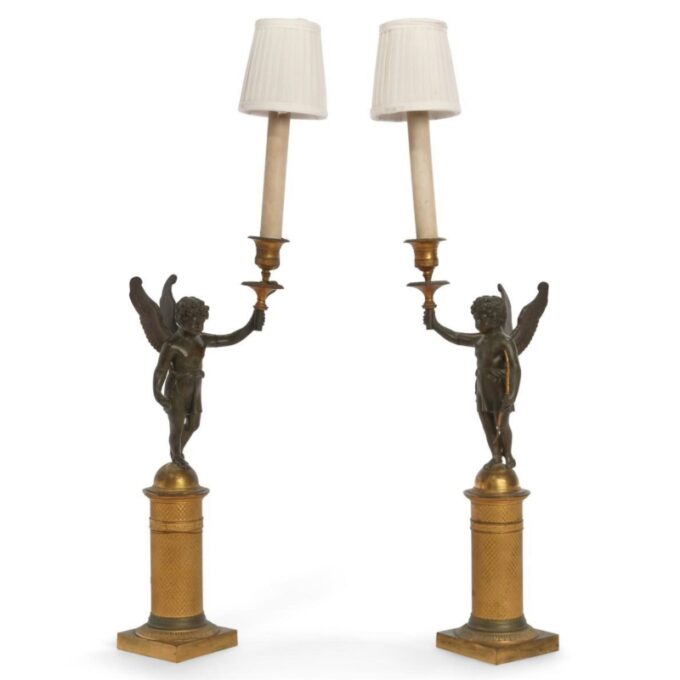Early 19th Century Of Empire Parcel Gilt And Patinated Bronze Figural  Candlesticks Turned Into Lamps