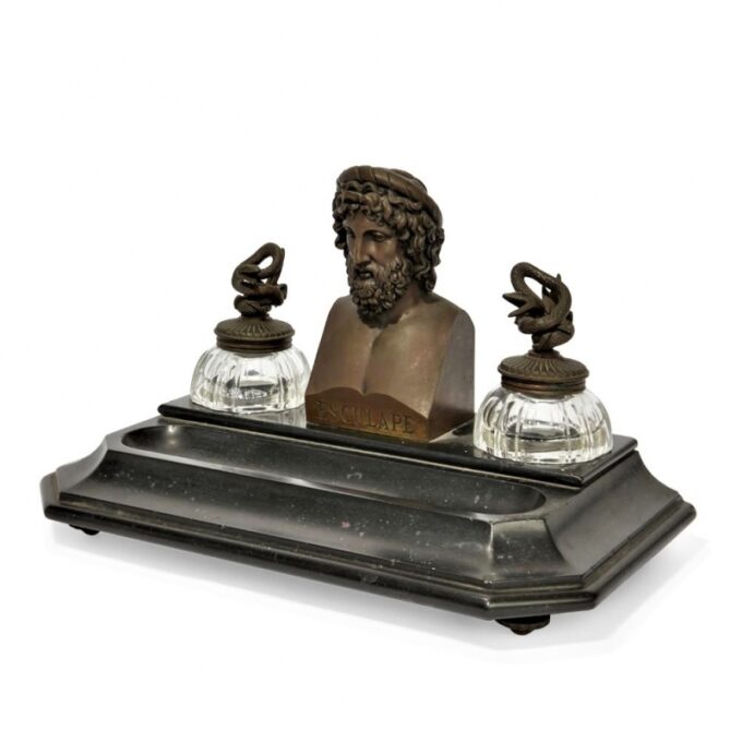 19th Century French Bronze And Black Marble writing stand ink well
