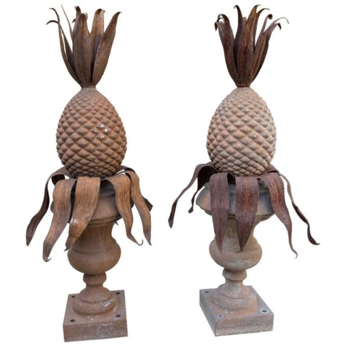 Art Deco Pair Pineapple Antique Decorative Rustic Finials Sculpture Los Angeles