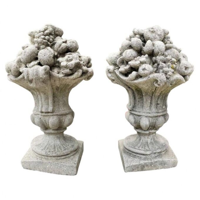Handmade Cast Stone Fruit Flower Basket post Finials Vase Urn Form Antiques LA