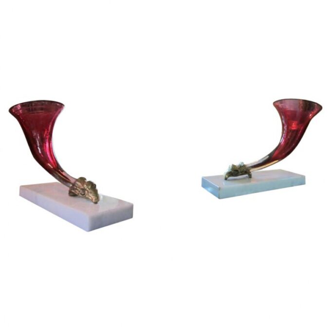 Pair of French Cranberry Opaline Rhython Vases on White Marble Bases Antiques LA