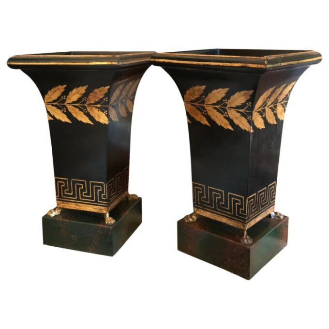 19th century Pair black Painted Tole Jardiniere Urn Cachepot Antique Los Angeles
