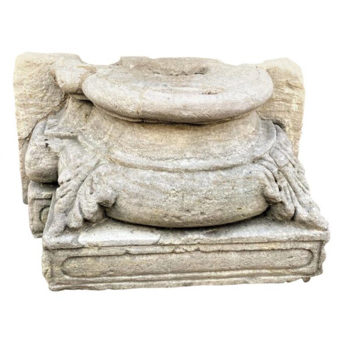 17th Century French Limestone Chapiteau Hand Carved Stone Column Base pedestal Sculpture Doorstop Decorative Element LA