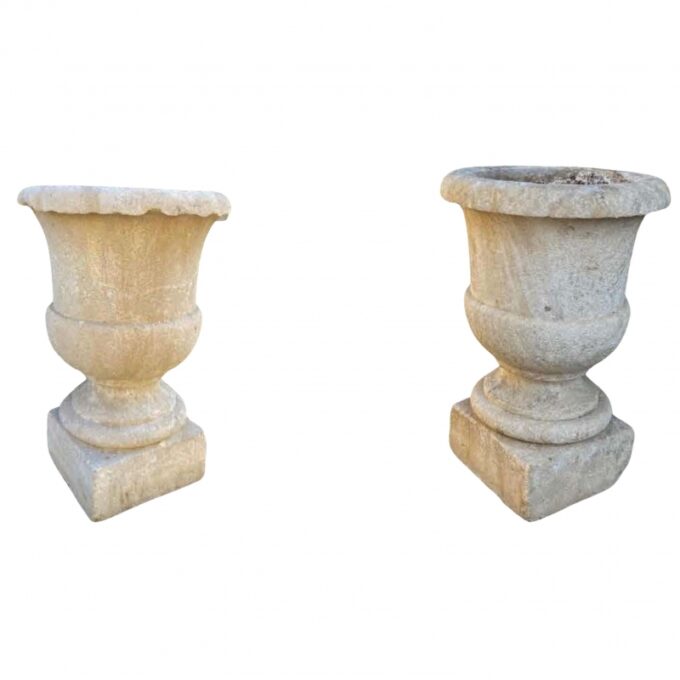 Pair Hand Carved Stone Pillar Finials Decorative Urns Vase Rustic Antiques LA CA