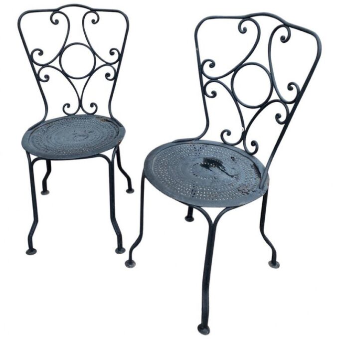 Pair of late19th Early 20th Century Side Handmade Garden Table Chairs Furniture Iron Antique LA