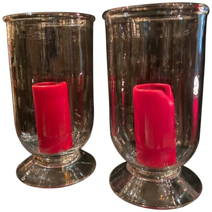 Pair Hand Blown Crystal Hurricane Lantern Table Lamp Candleholder Light Design