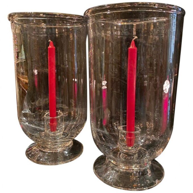 Pair Hand Blown Crystal Hurricane Lantern Table Lamp Candleholder Light Design - Image 2