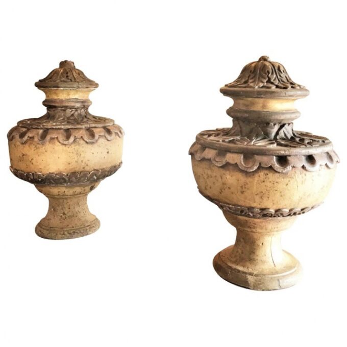 Pair Hand Carved Wood Finials Vase shape centerpiece Urns Antiques Los Angeles