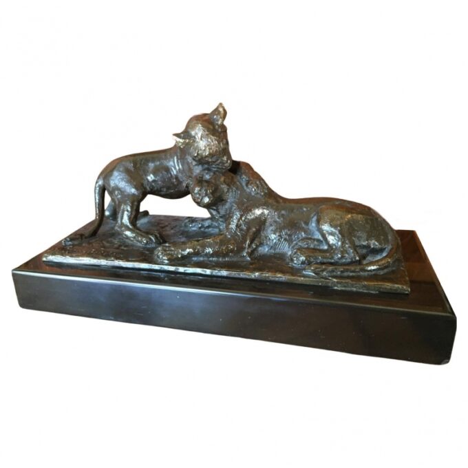 French Bronze Sculpture of a Lion Cubs / Roger Godchaux & Susse Lost Wax Desk Art