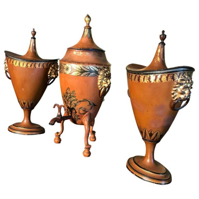 19th Century English Regency 3 Garniture Chestnut Urns tole Tea Urn Los Angeles