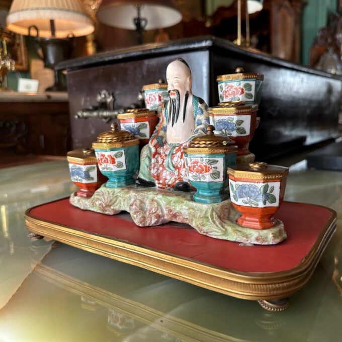 19th C. Antique Writing Stand Desk Office Inkwell Center Piece Chinese Porcelain - Image 2