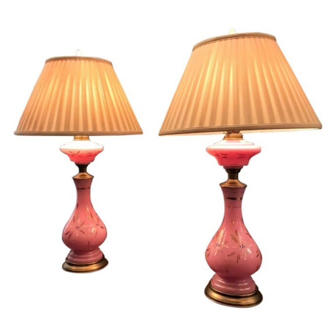 19th C. Pair Pink side Table Lamps Opaline Glass Vase Nightstand Lights antiques