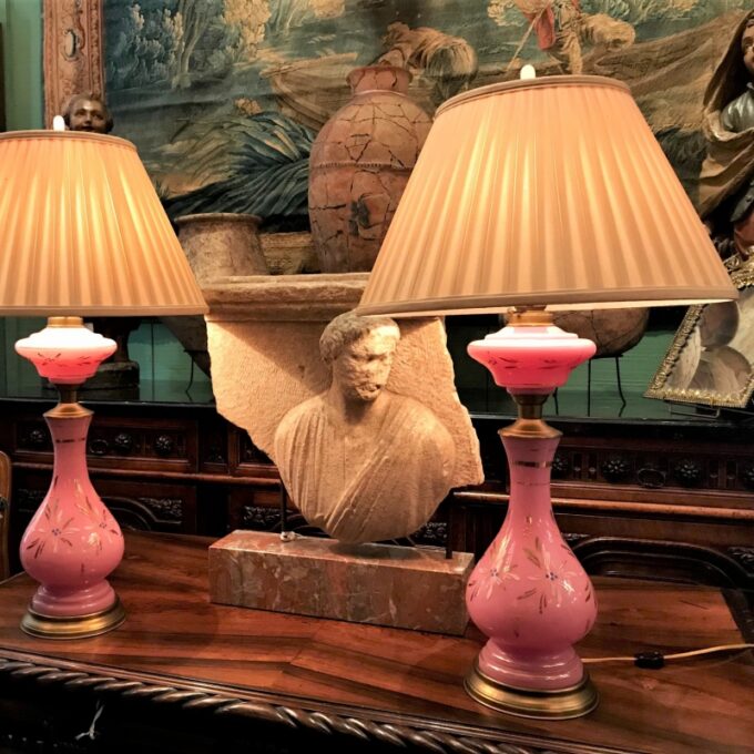 19th C. Pair Pink side Table Lamps Opaline Glass Vase Nightstand Lights antiques - Image 2