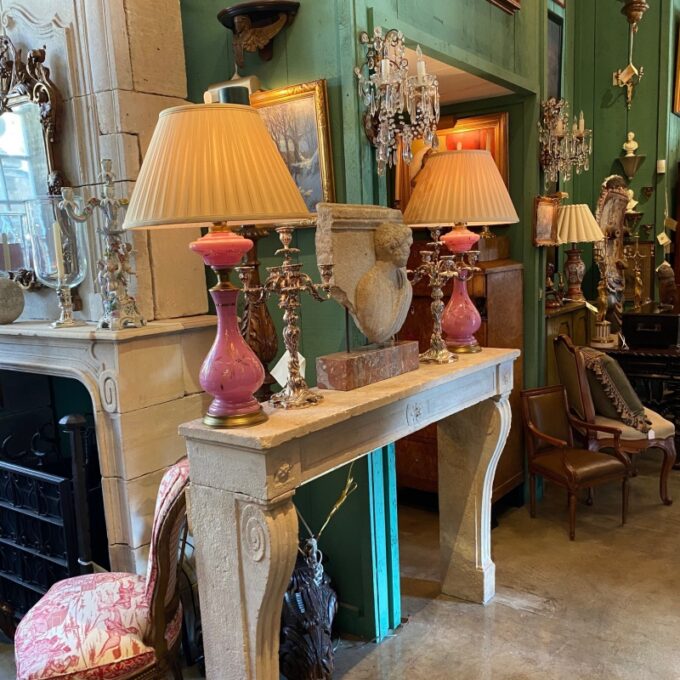 19th C. Pair Pink side Table Lamps Opaline Glass Vase Nightstand Lights antiques - Image 3