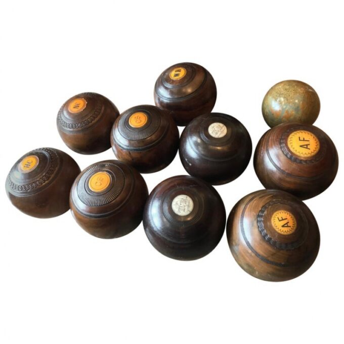 10 Carpet Lawn Bowling Hand Carved Wood & Stone Balls Antique Office Gift Idea