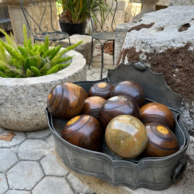 10 Carpet Lawn Bowling Hand Carved Wood & Stone Balls Antique Office Gift Idea - Image 2