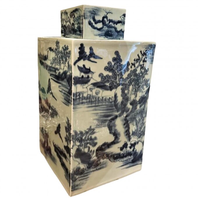 Square Chinese Celadon Indigo Porcelain Covered Jar Modern Center Piece Vase CA