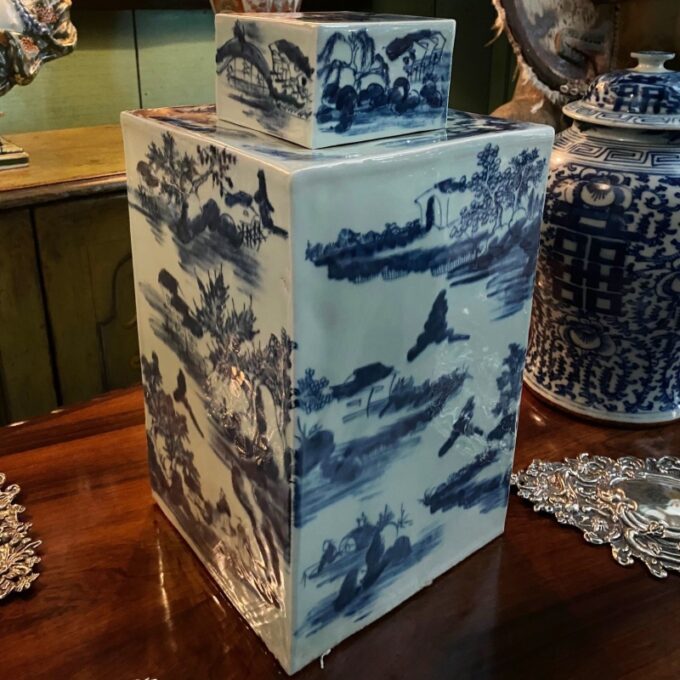 Square Chinese Celadon Indigo Porcelain Covered Jar Modern Center Piece Vase CA - Image 2