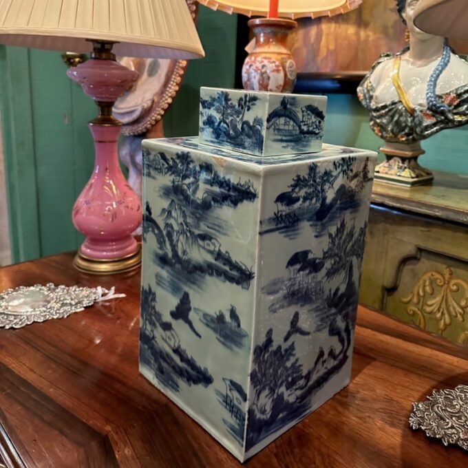 Square Chinese Celadon Indigo Porcelain Covered Jar Modern Center Piece Vase CA - Image 3
