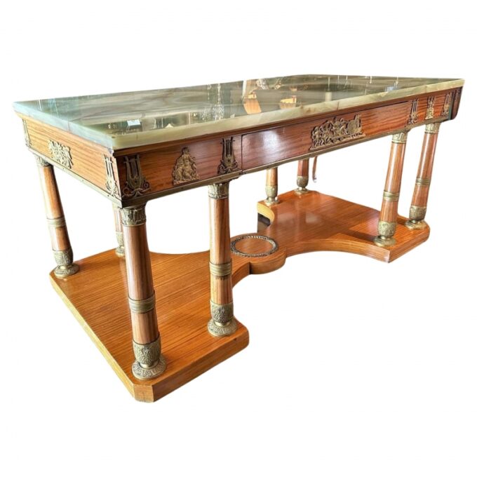 Rare Charles X Office partners Desk Center Table console Wood Onyx Stone Bronze