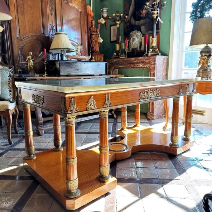 Rare Charles X Office partners Desk Center Table console Wood Onyx Stone Bronze - Image 2