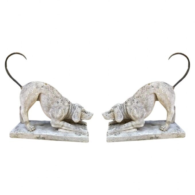 Pair Carved Stone Figures Of Hunting Dogs Garden Antique Statuary Animal Lovers