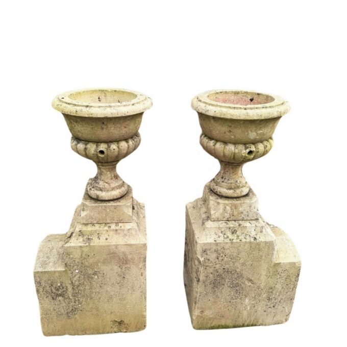 Pair Hand Carved Stone Pillar Finials Decorative Urns Vase Rustic jardinières CA