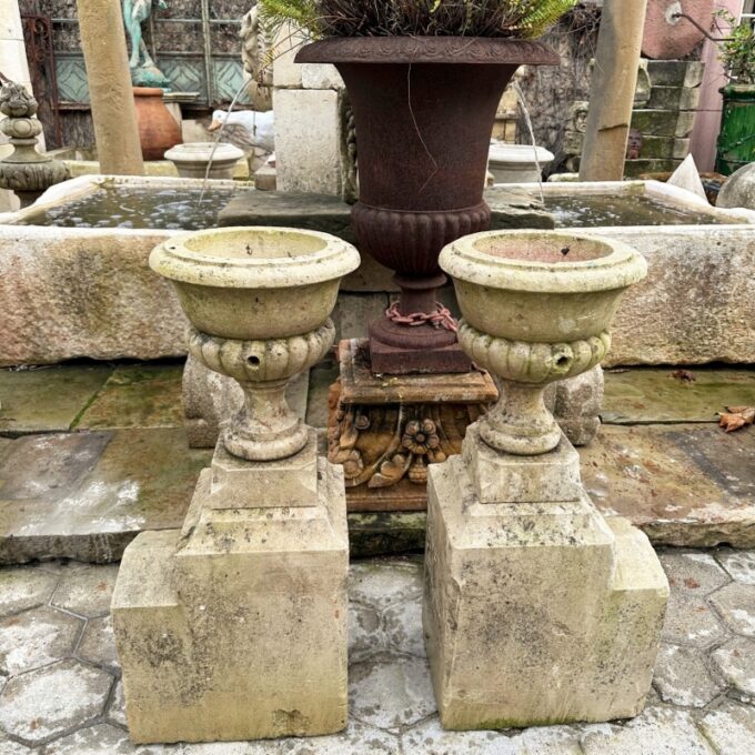 Pair Hand Carved Stone Pillar Finials Decorative Urns Vase Rustic jardinières CA - Image 2