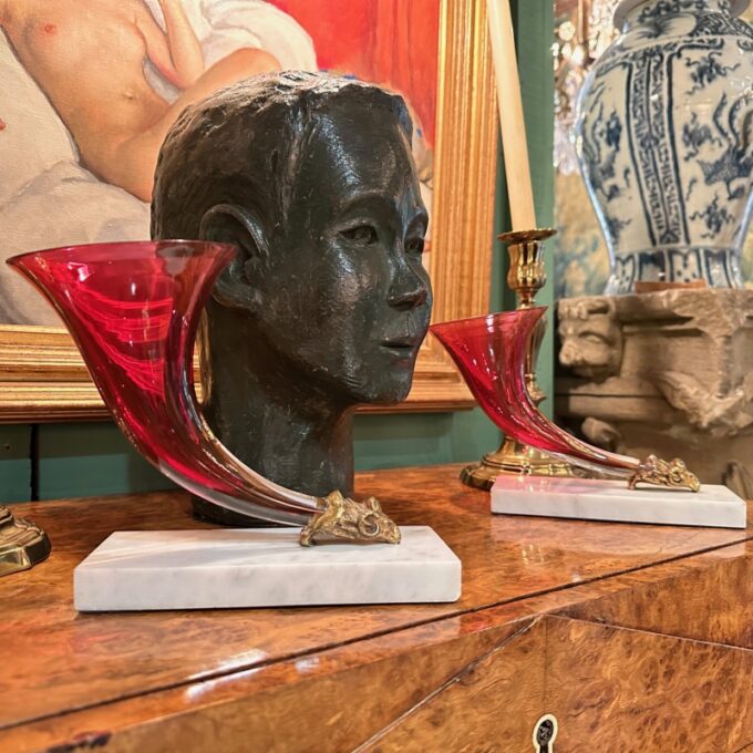 Pair of French Cranberry Opaline Rhython Vases on White Marble Bases Antiques LA - Image 2