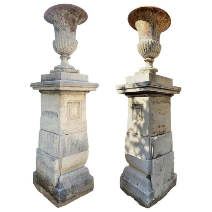Pair 18th C Hand Carved Stone Pillars Columns post on base pedestals antiques & Urn