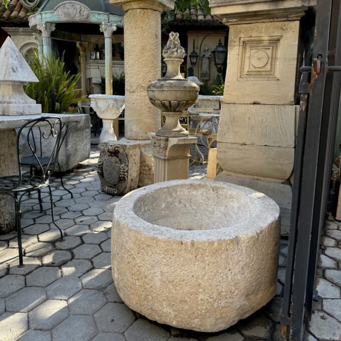 Round Carved Stone Fountain Basin Container Rustic Farm Trough Planter Vessel CA - Image 2