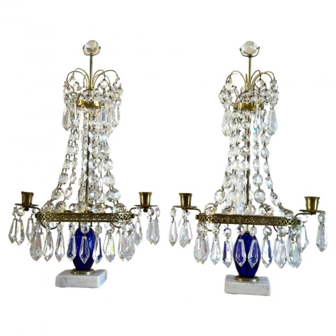 Pair Crystal Cut Glass Light Candleholder Antique Girandoles Swedish LA Dealer