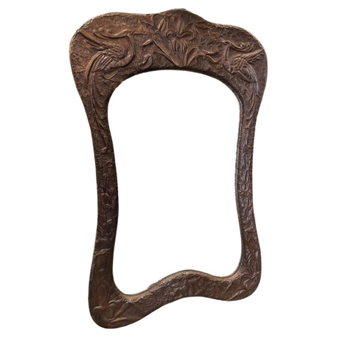 Art Nouveau Wood & Metal Mantle Wall Mirror Glass Embossed Repousse Antique CA