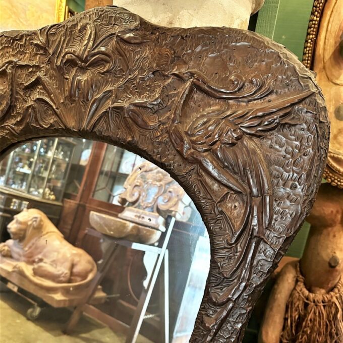 Art Nouveau Wood & Metal Mantle Wall Mirror Glass Embossed Repousse Antique CA - Image 4