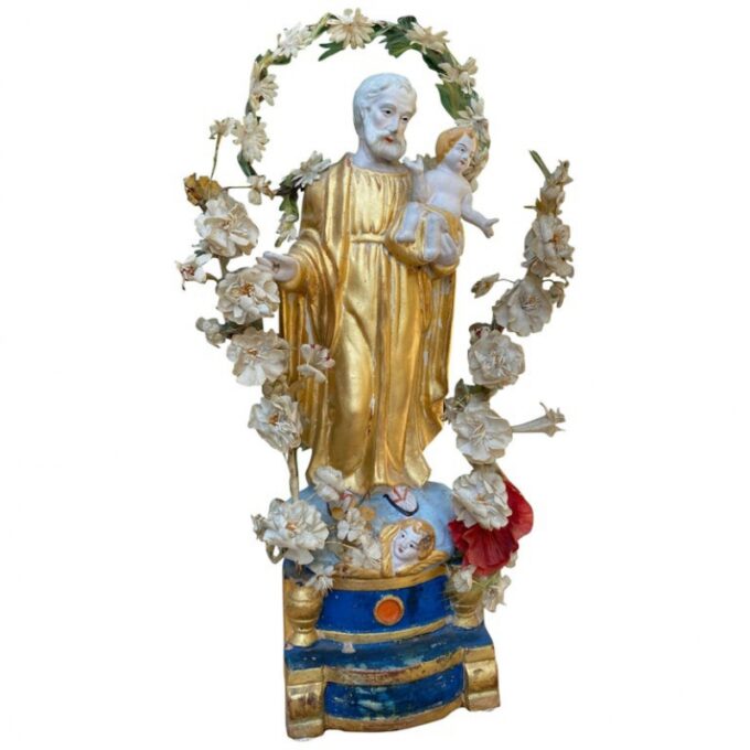 19th C. Santos Hand made statue Saint Joseph and child Antiques Los Angeles CA LA