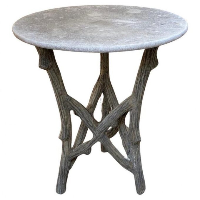 19th C. Vintage French Faux Bois Garden Tree Table & Hand Carved Stone Round Top
