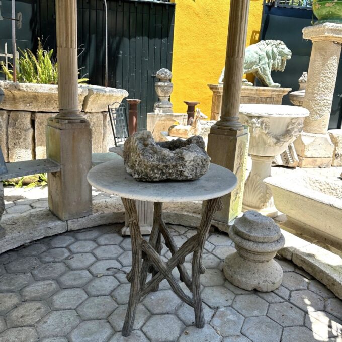19th C. Vintage French Faux Bois Garden Tree Table & Hand Carved Stone Round Top - Image 2