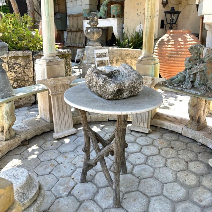 19th C. Vintage French Faux Bois Garden Tree Table & Hand Carved Stone Round Top - Image 3