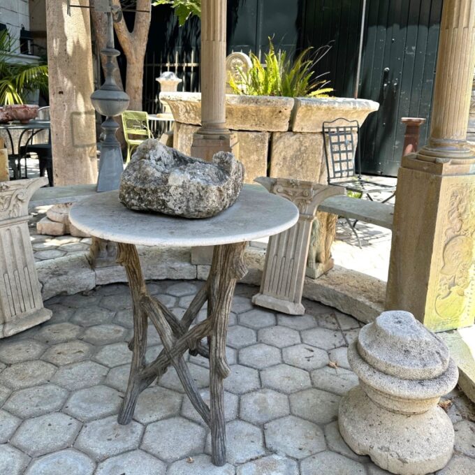 19th C. Vintage French Faux Bois Garden Tree Table & Hand Carved Stone Round Top - Image 4