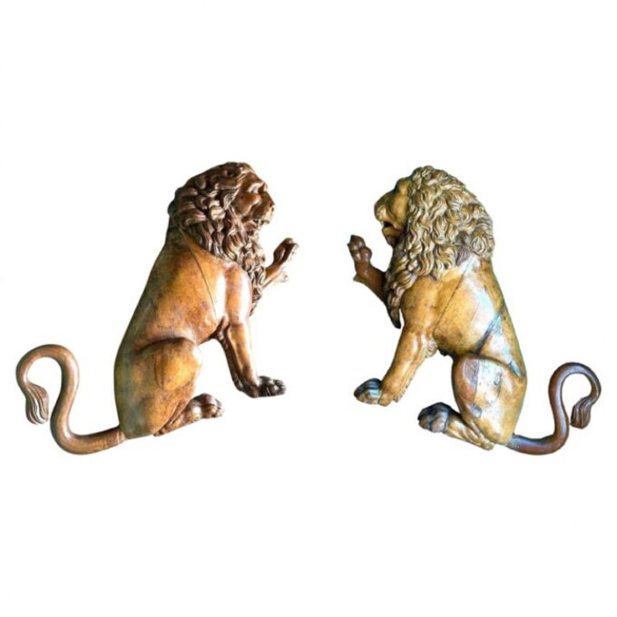 18th C. Pair Hand Carved Wood Statues Wall mount Sculpture Regal Big Cats Lions