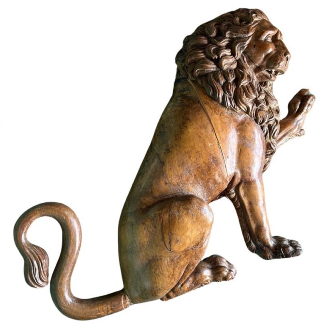 18th C. Pair Hand Carved Wood Statues Wall mount Sculpture Regal Big Cats Lions - Image 3