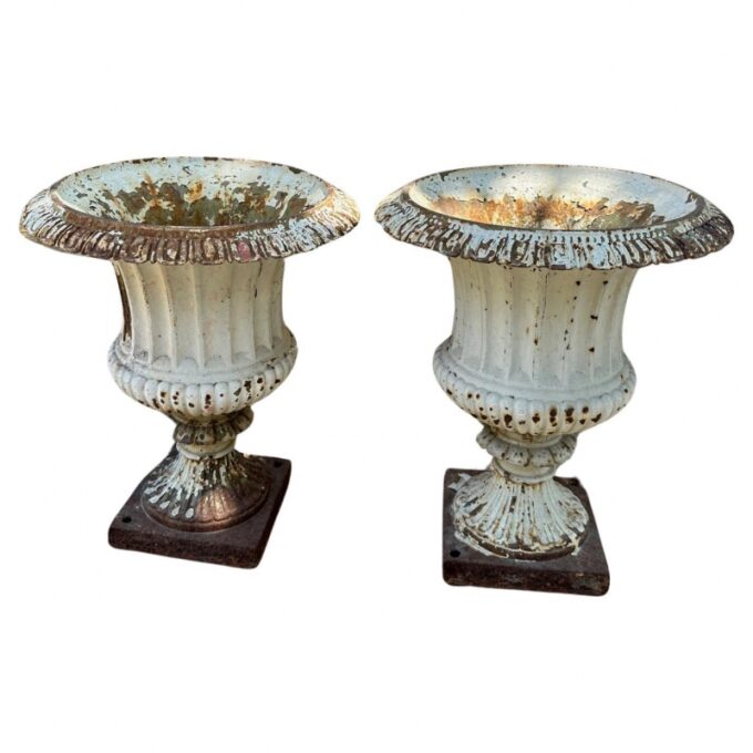 Pair Late 19th C. Cast Iron Urns Planters Vase Classical shape Jardinière Rustic