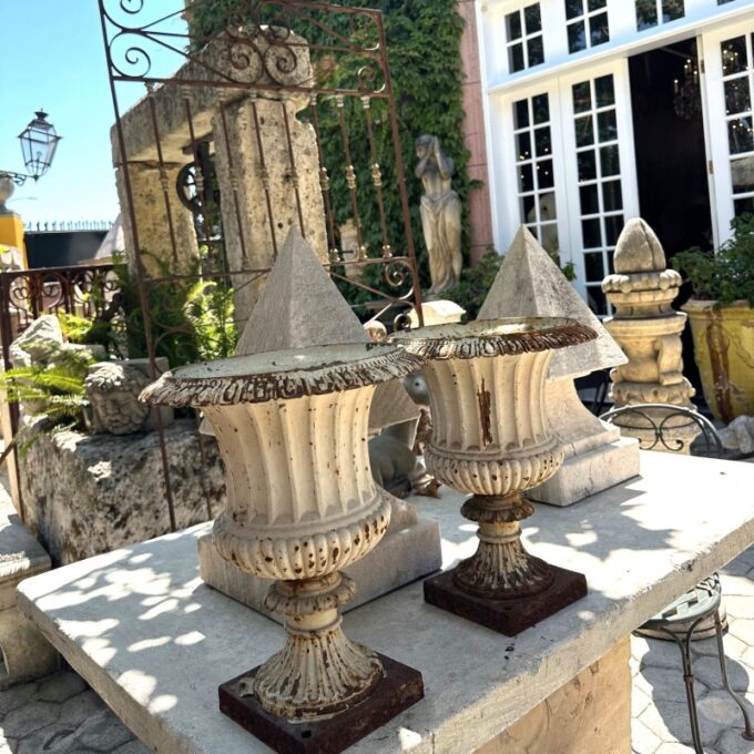 Pair Late 19th C. Cast Iron Urns Planters Vase Classical shape Jardinière Rustic - Image 2