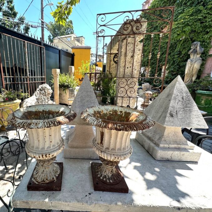 Pair Late 19th C. Cast Iron Urns Planters Vase Classical shape Jardinière Rustic - Image 3