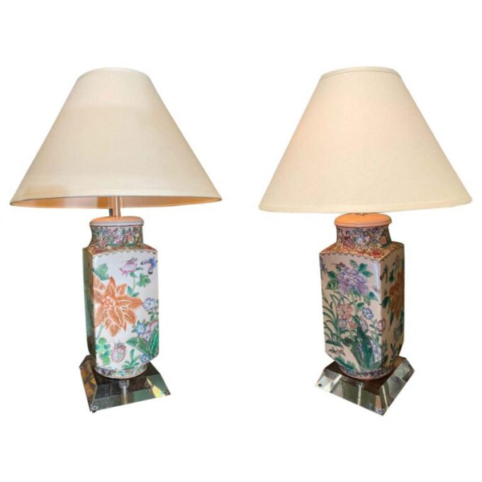 Pair Chinoiseries Oriental Vases on Modern Plexiglas Table lamps Antiques LA CA