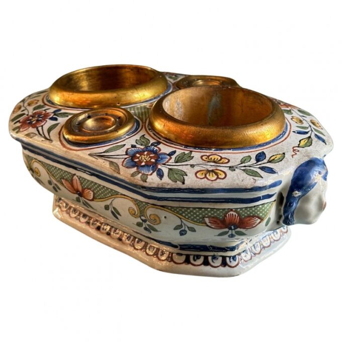 19th C. Antique Writing Stand Desk office Inkwell Center Piece Faience Porcelain