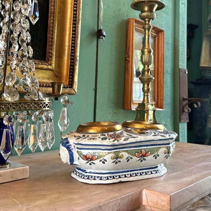 19th C. Antique Writing Stand Desk office Inkwell Center Piece Faience Porcelain - Image 2